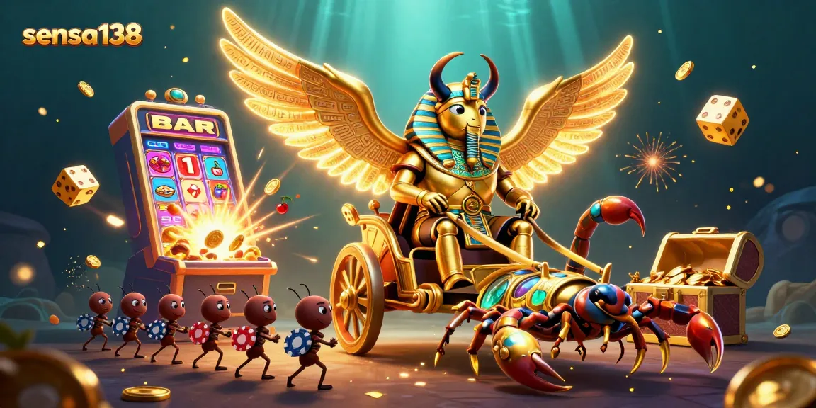 Sensa138 features a vibrant casino-themed scene with a golden scarab, scorpions, and poker chips.