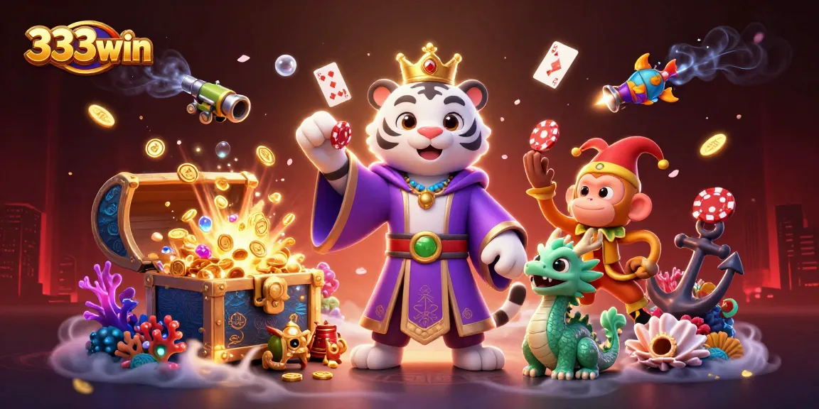 Engage in thrilling fish shooting action with 333win's vibrant 3D casino illustration featuring dynamic characters and game elements.