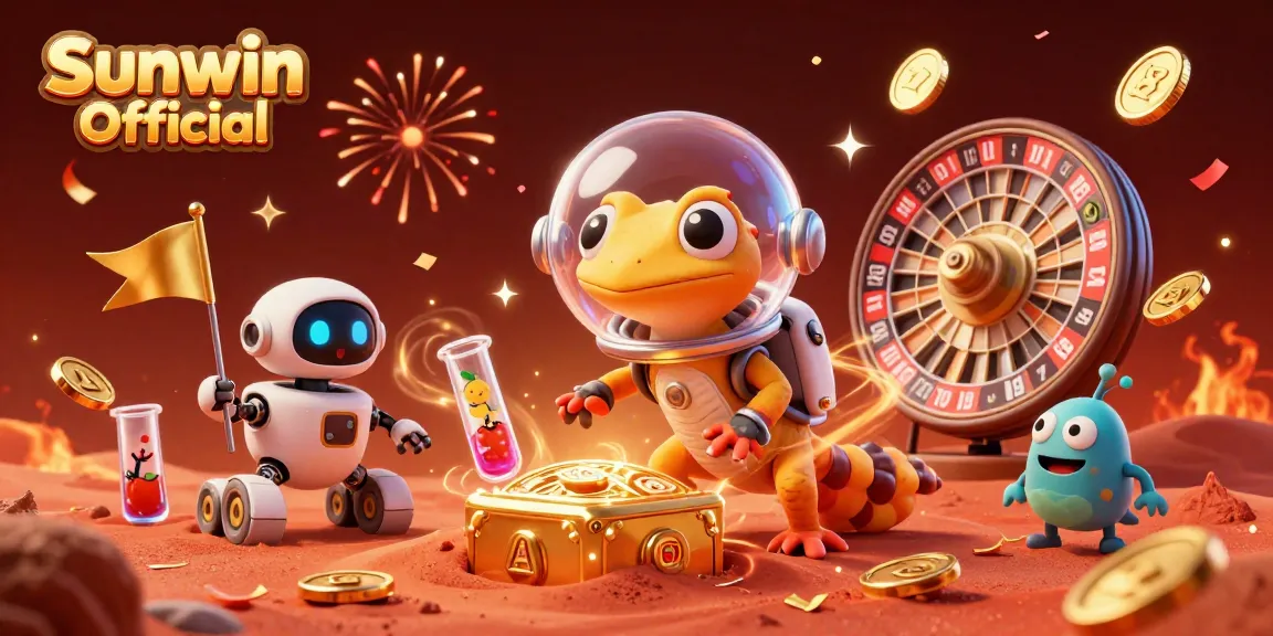 The dynamic scene depicts a Martian gecko and a robot rover amid vibrant casino elements, promoting Sunwin Official excitement.