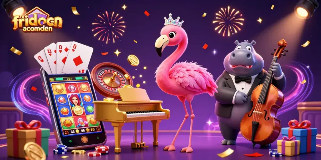 Experience fridacamden's thrilling casino vibe with our colorful and dynamic gaming illustration, showcasing fun elements.