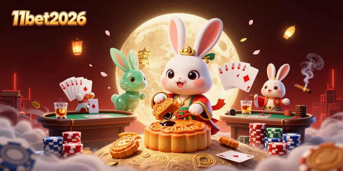 Engage with 11bet2026's vibrant casino scene featuring a moon rabbit and immersive poker elements.