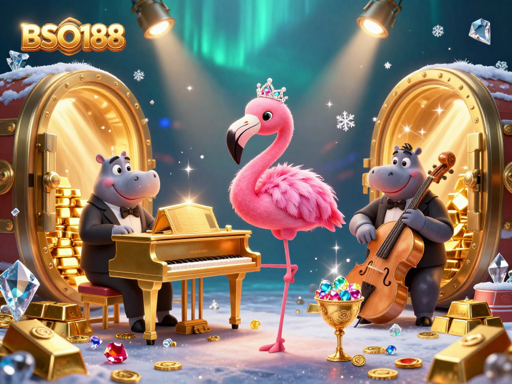 Engage with BSO188 in a vibrant casino scene featuring cartoon flamingo and hippo musicians.