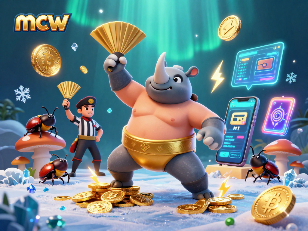 Experience thrilling gameplay at mcw with a dynamic scene featuring a sumo beetle champion and crypto coins.