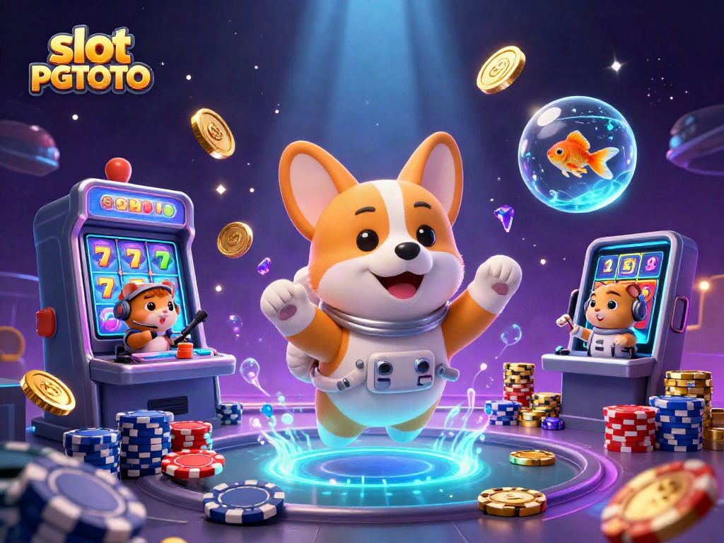 Engage with slot PGTOTO through a vibrant 3D space casino scene featuring playful characters.