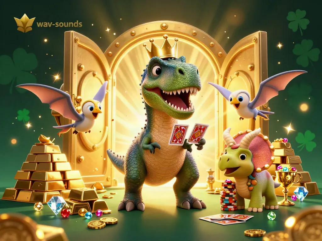 Gambarlah daya tarik wav-sounds dengan T-Rex bermain kartu dan triceratops menumpuk chip emas.