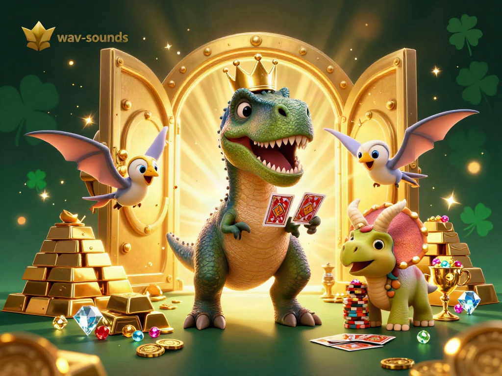 Gambarlah daya tarik wav-sounds dengan T-Rex bermain kartu dan triceratops menumpuk chip emas.