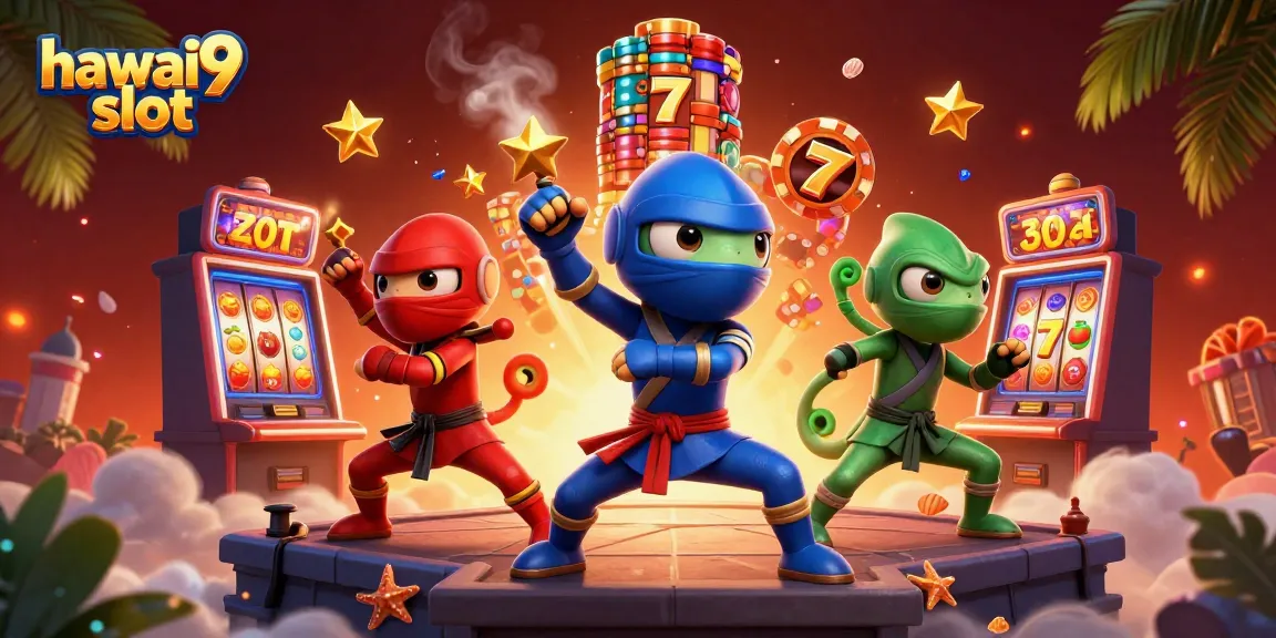 Experience thrilling gameplay with hawai9 slot as chameleon ninjas perform martial arts on a rooftop.