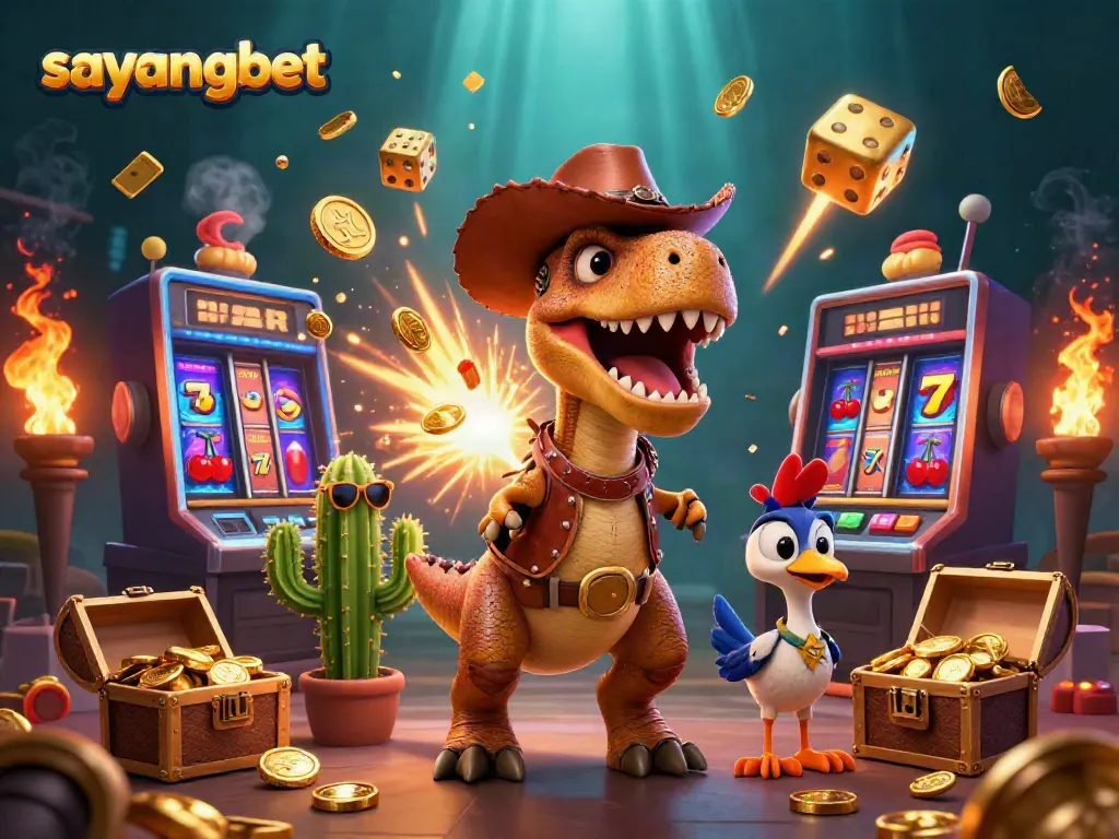 Experience thrilling gaming adventures with sayangbet featuring a cowboy dinosaur and vibrant casino elements.