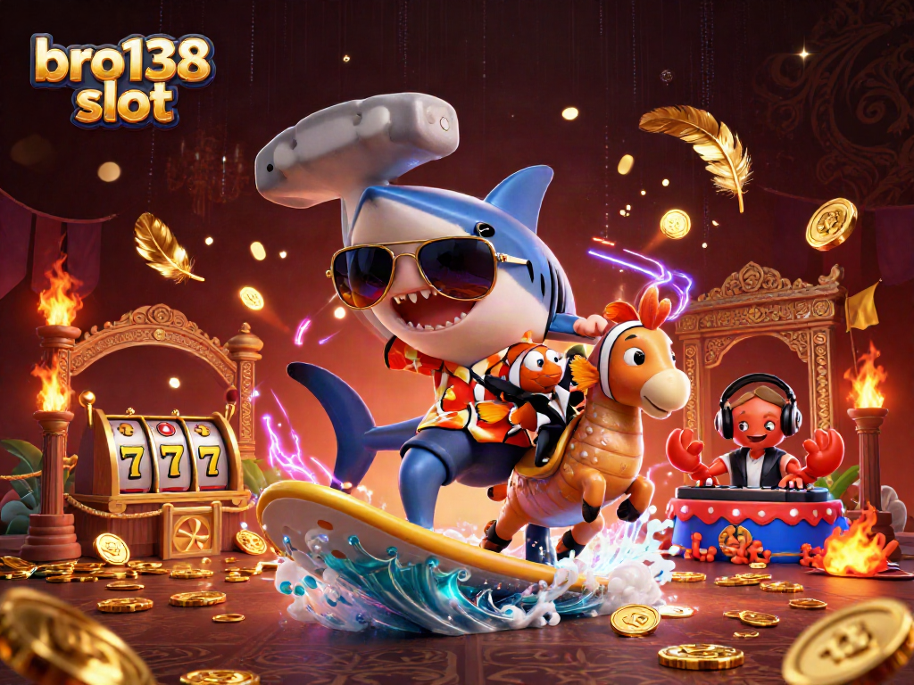 Engage with bro138 slot in this vibrant 3D illustration featuring a shark and friends in a casino setting.