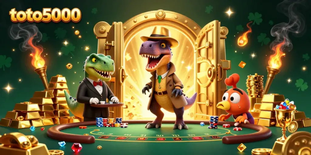 Toto5000's dynamic casino scene with a velociraptor card counter at a blackjack table amid treasures.