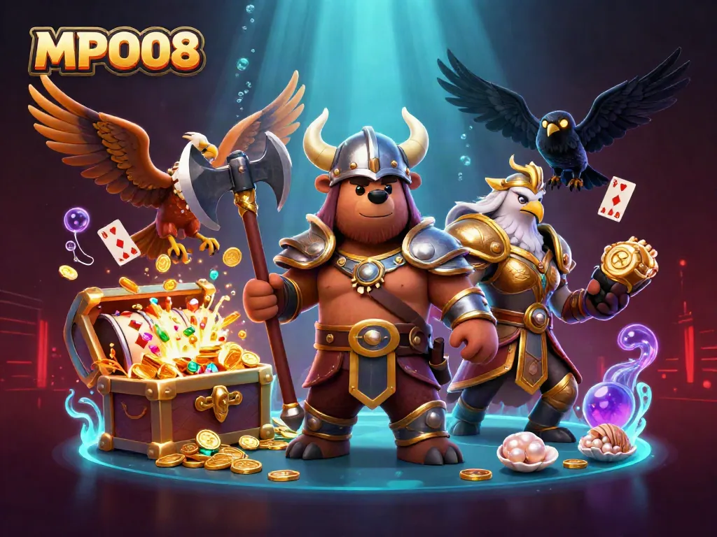 Experience MPO08 with a vibrant Viking scene showcasing slot reels, treasure, and heroic elements.