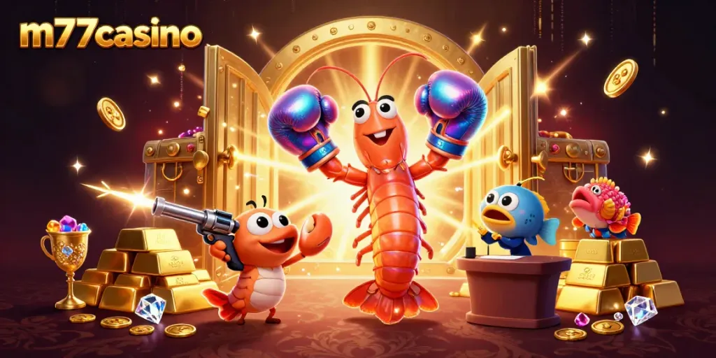 Memenangkan jackpot m77casino dengan ilustrasi 3D udang mantis dan kejuaraan.