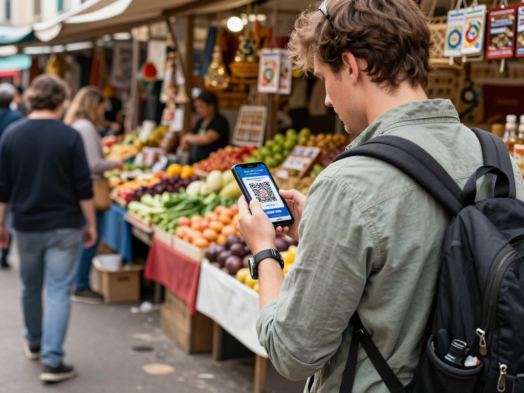 Pengunjung https://payinrussia.com/ menggunakan perangkat mobile di pasar Rusia dengan kode QR untuk pembayaran.