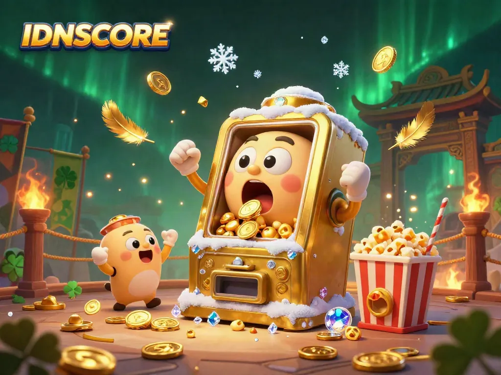 IDNSCORE slot machines celebrate a jackpot as coins fly, showcasing a vibrant casino scene.
