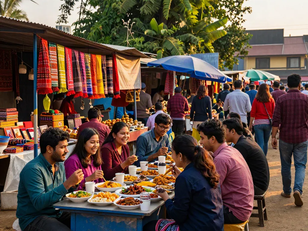 Pemandangan pasar Pakhoki yang ramai dengan keramaian lokal dan wisatawan, menampilkan kerajinan tradisional dan makanan lokal yang menggugah selera.