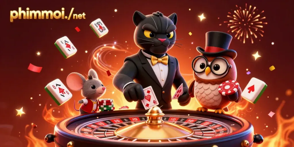 Engage in thrilling gameplay at phimmoi./net with a stylish panther, owl, and mouse amid rich casino elements.