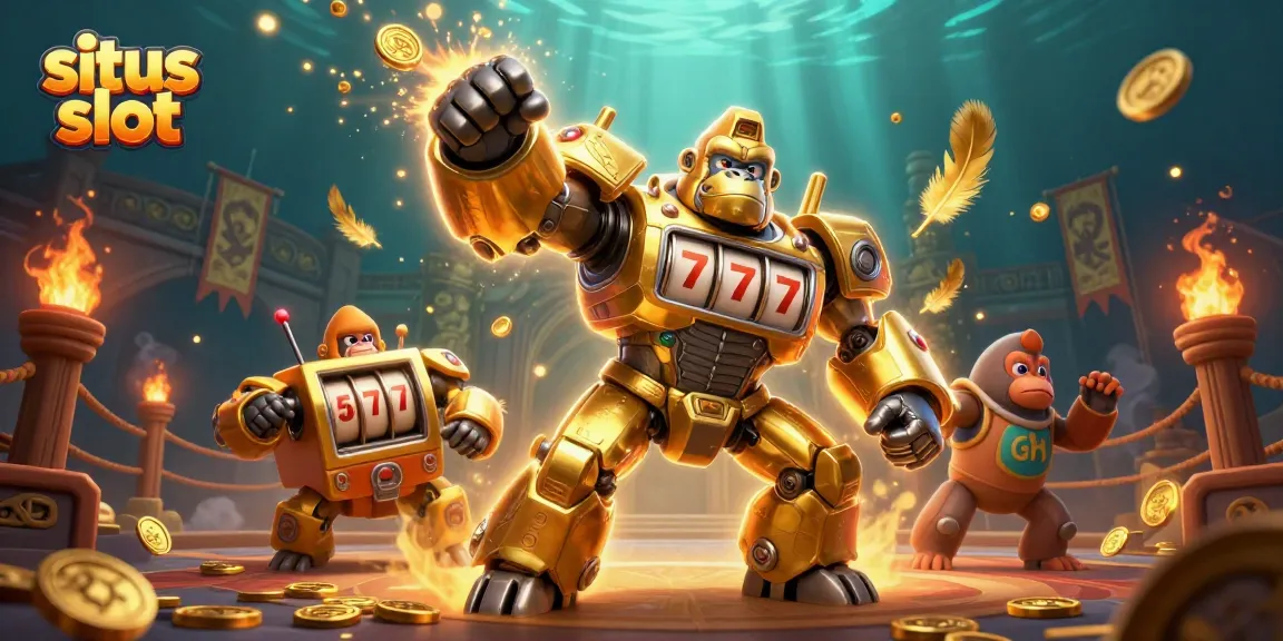 Mengguncang situs slot, gorila emas mecha 3D melawan simbol slot, koin berhamburan.