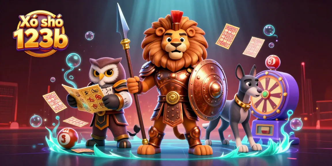 Xổ số 123b offers exciting lottery games with vibrant elements and dynamic characters in a 3D illustrated scene.