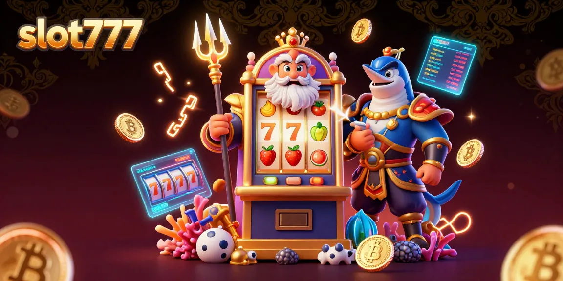 Engage with slot777's dynamic scene featuring a vibrant slot machine and Neptune surrounded by glowing crypto coins.