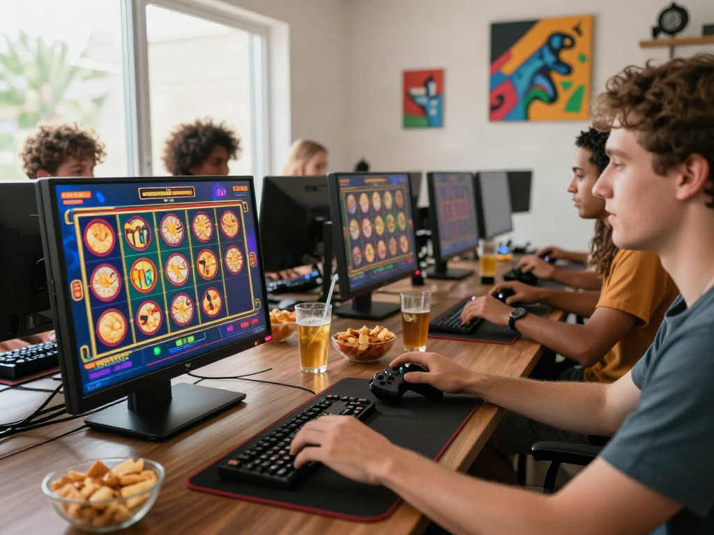 Diverse friends enjoying slot online gaming with excitement in a modern space
