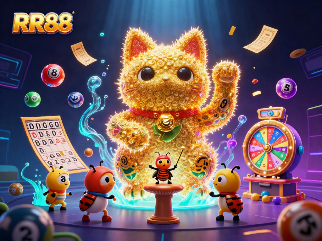 RR88 showcases a lively scene with a giant lucky cat, fireflies, and vibrant casino symbols for an immersive gaming experience.