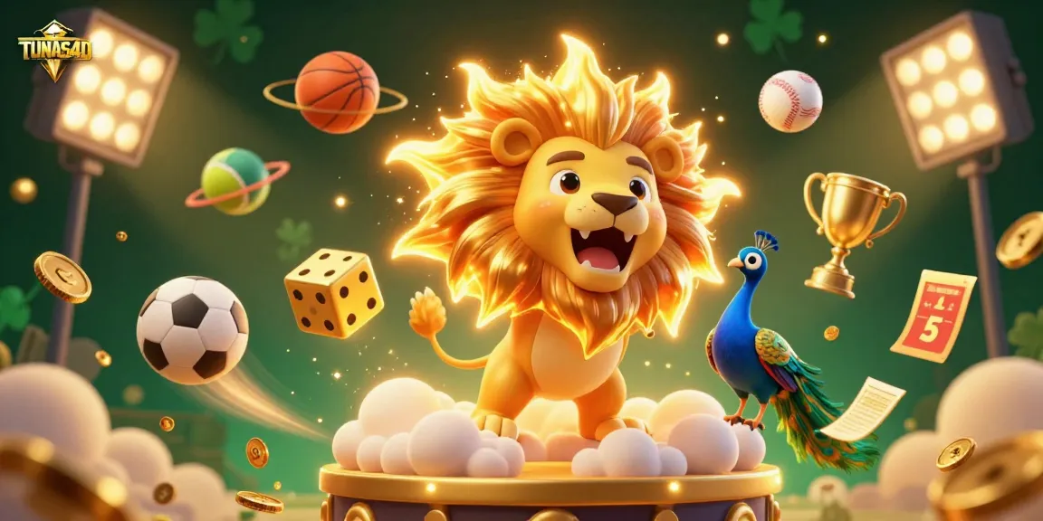 TUNAS4D offers thrilling sports betting with a lion symbolizing winning triumph, flanked by dynamic gold elements.
