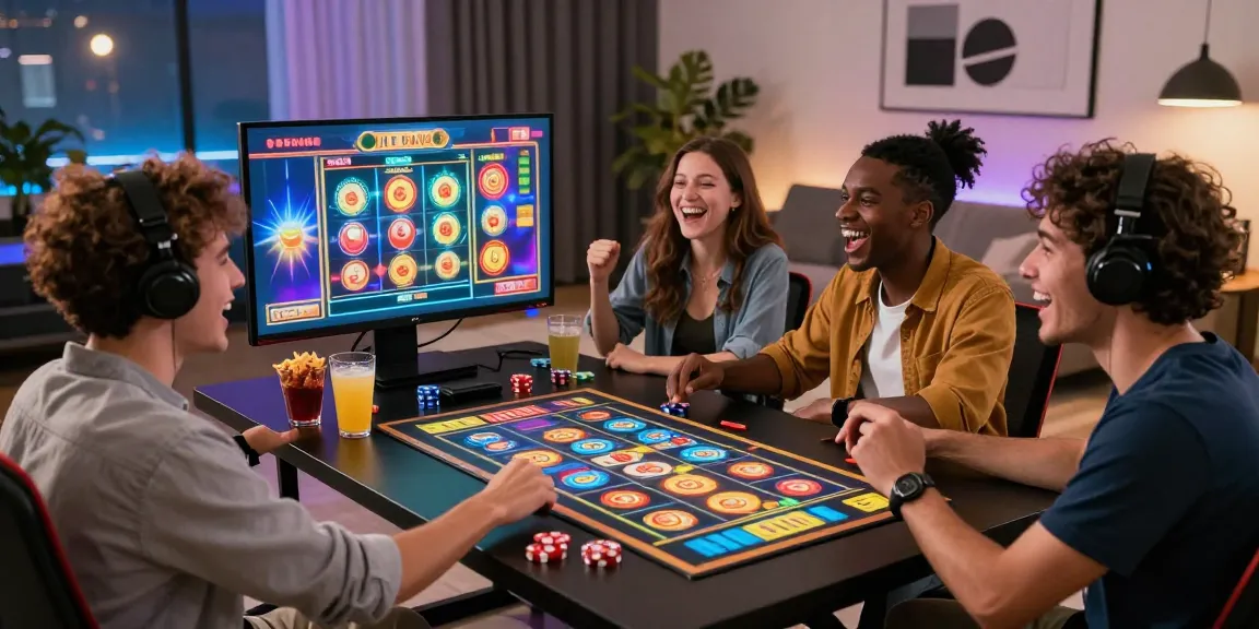 Group of friends enjoying a thrilling toto slot game together in a vibrant living room setting.