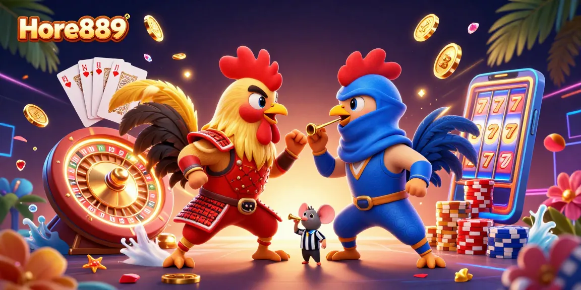 Experience excitement and wins at Hore889 with thrilling roosters, golden coins, and vibrant casino elements.