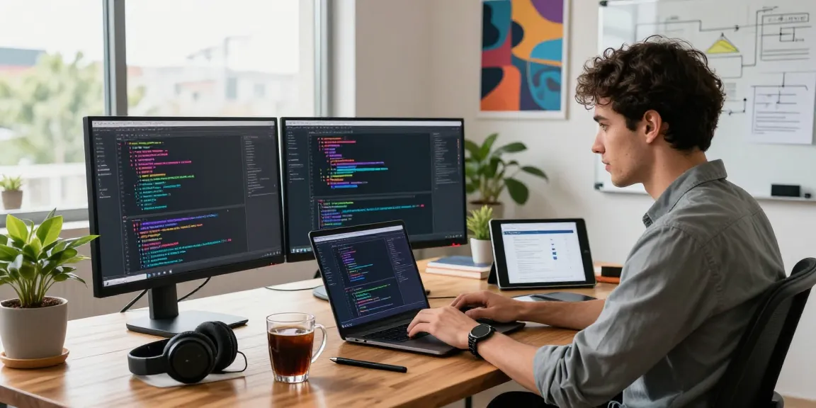 Programmer using an AI code generator tool on dual monitors in a modern office environment with vibrant decor and tech gadgets.