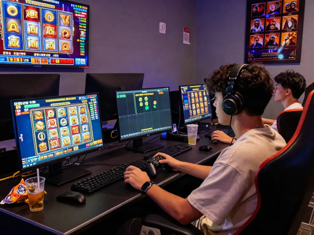 Player enjoying slot gacor games in a vibrant online casino setting, with spinning reels and colorful visuals.