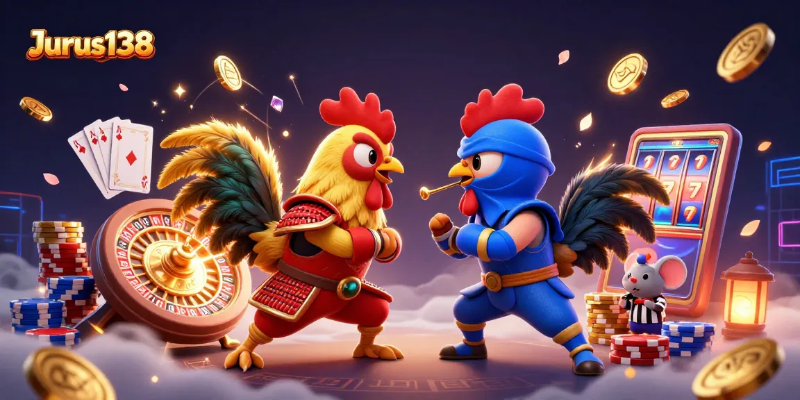 Experience the thrilling standoff of Jurus138 with roosters in armor amidst a vibrant casino scene.
