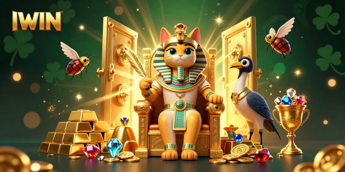 IWIN showcases thrilling casino magic with a pharaoh cat, treasures, and gambling riches!