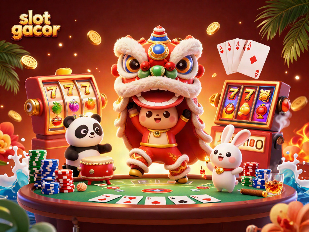 Experience slot gacor magic with a vibrant scene of a lion dance, poker chips, and spinning reels.