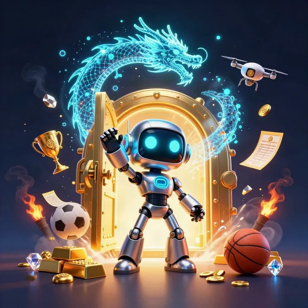 Robot cyberpunk, naga hologram, dan drone koin di depan brankas emas meledak cahaya.