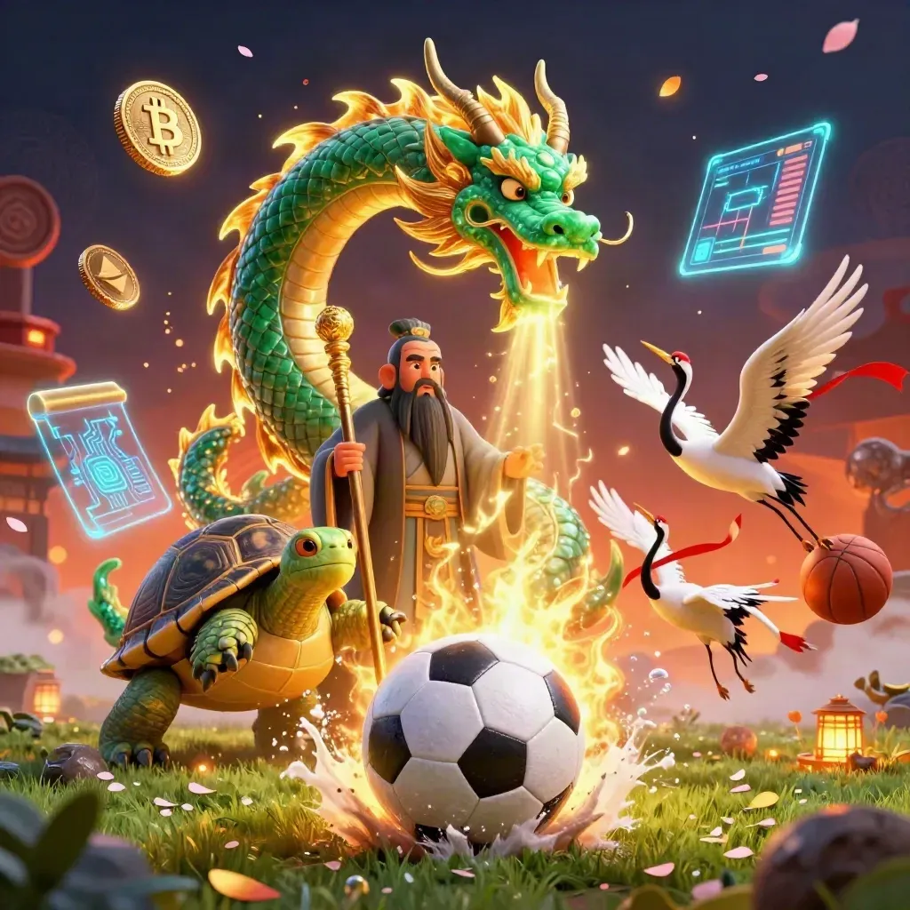 Naga jade, kura bijak, dan bangau di tengah bola sepak, koin kripto, dan api emas.