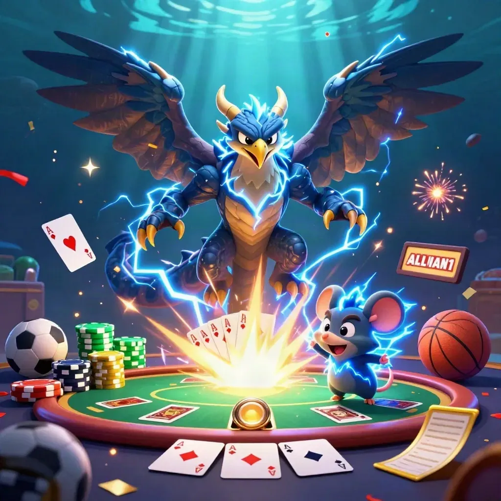 Naga petir, elang, dan tikus listrik di meja poker, bola, dan ledakan cahaya.