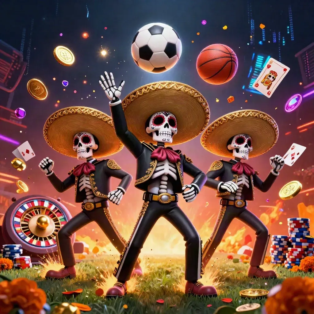 Tiga skeleton mariachi, bola dan koin emas melesat di latar neon kasino.