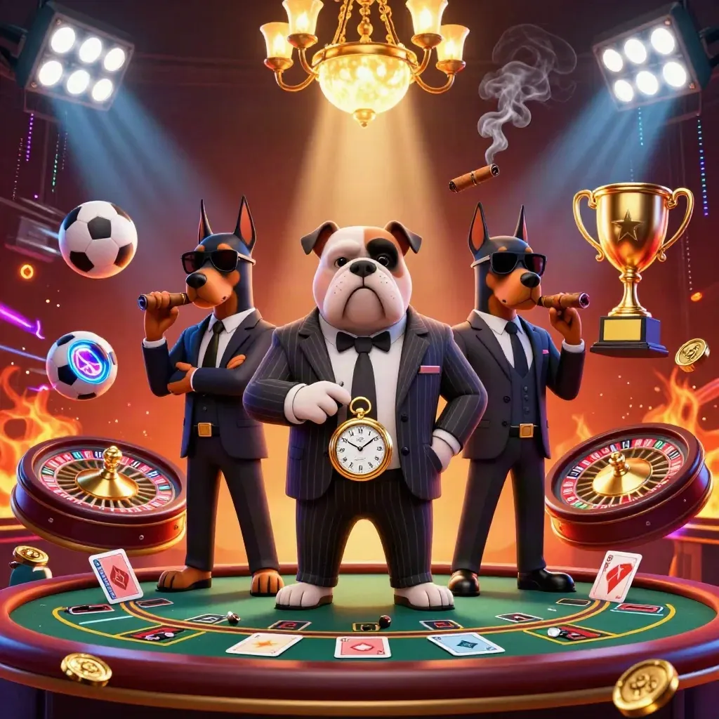 Anjing mafia kartun dikelilingi bodyguard, bola olahraga, trofi emas, dan efek neon mewah.