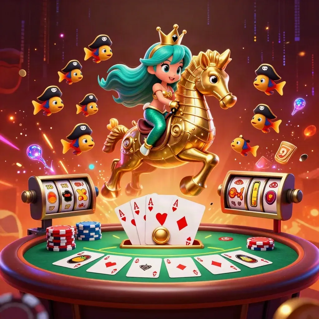 Putri duyung 3D menunggang kuda laut emas, ikan bajak laut, meja poker, dan kilau kasino premium.