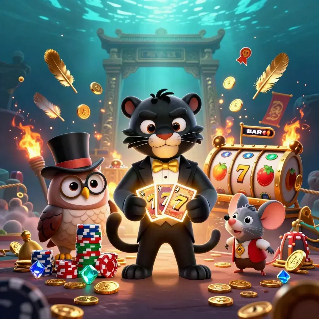 Panther tuxedo, burung hantu topi, dan tikus kecil dikelilingi emas, koin, dan cahaya neon.