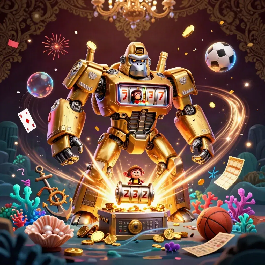 Gorila mech emas dengan monyet pilot, koin emas, harta karun, dan efek kasino mewah