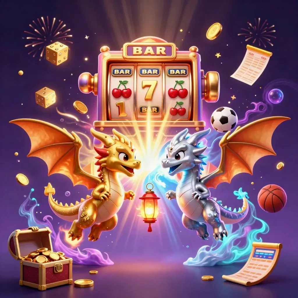 Dua naga kartun emas dan perak, mesin slot, koin emas, peti harta, bola olahraga, dan efek neon