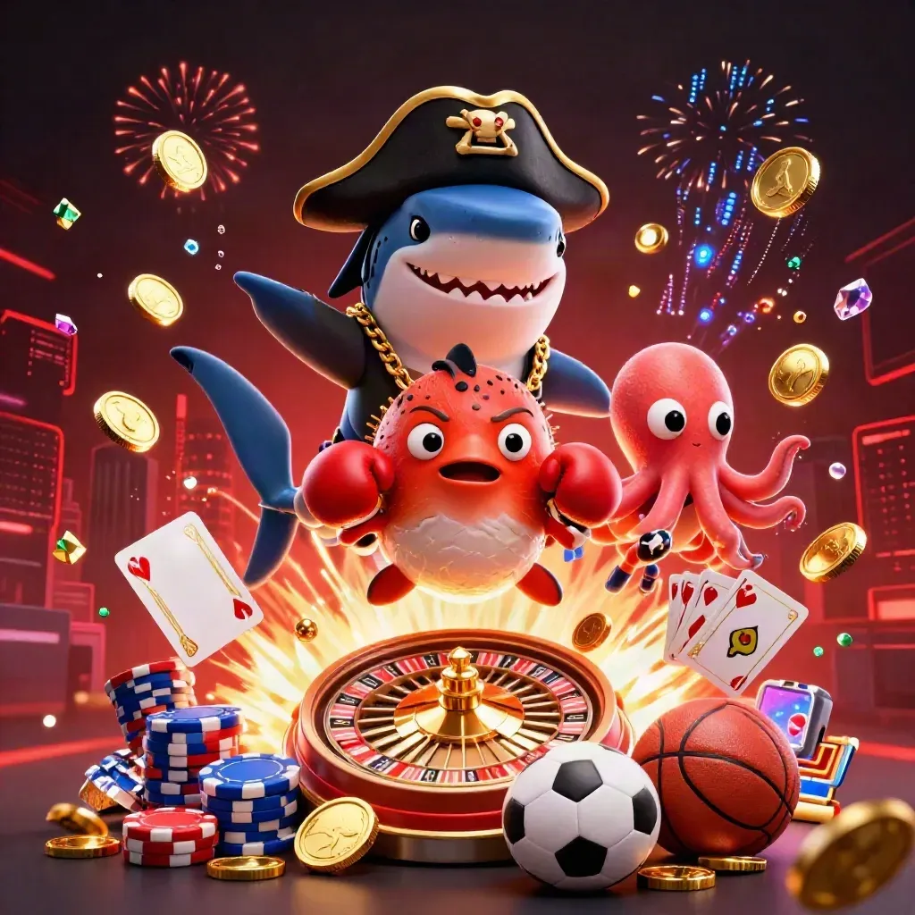 Kapten hiu, ikan buntal, dan gurita kecil dikelilingi koin emas, roulette, dan neon.