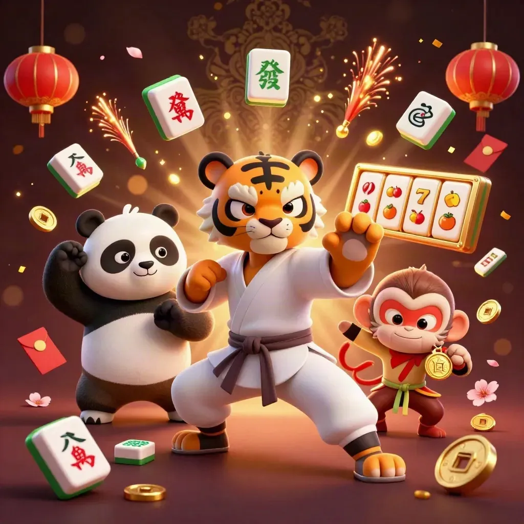 Harimau kung-fu, panda, dan monyet di tengah efek slot emas dan petir.