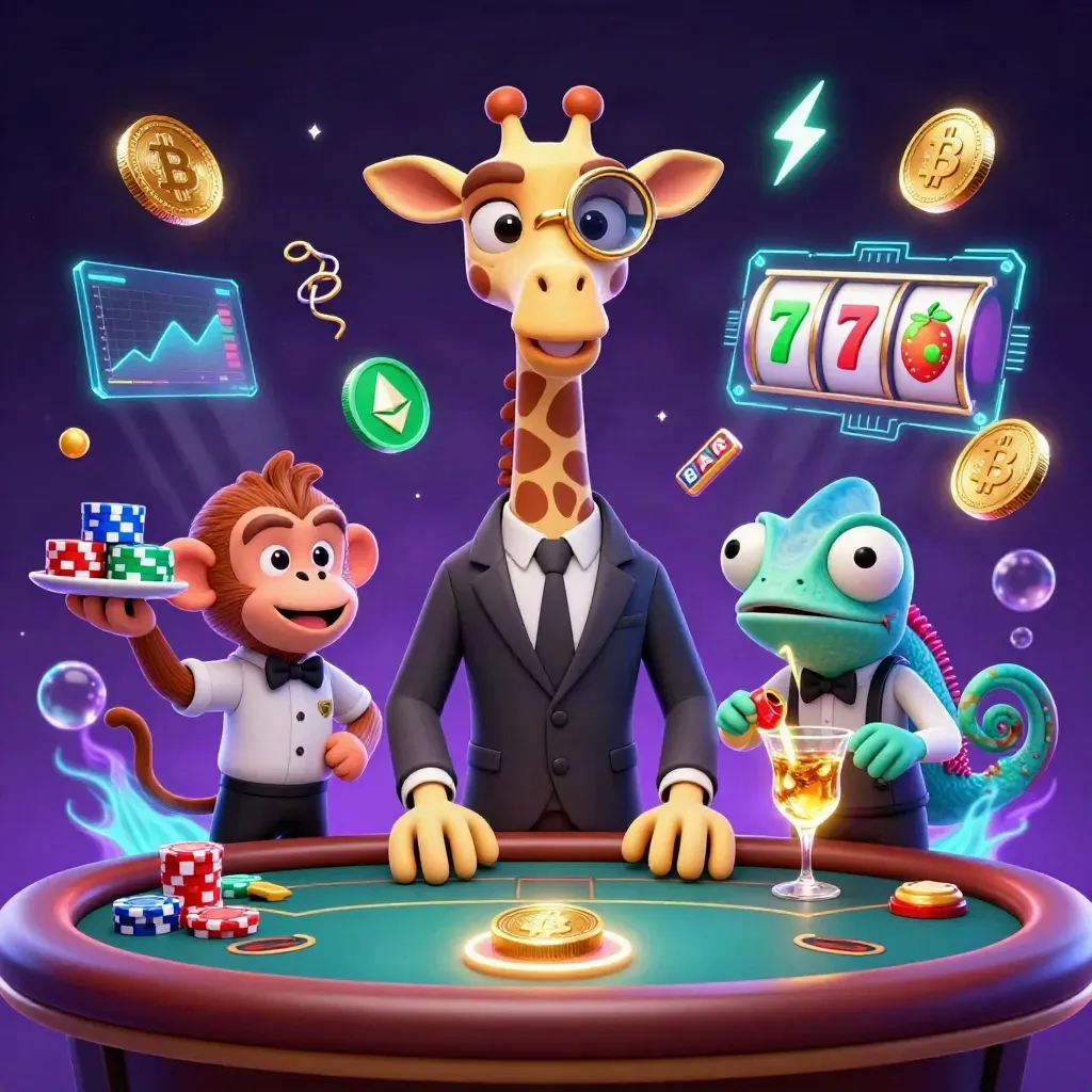 Jerapah jas, monyet pelayan, dan bunglon bartender di meja poker VIP dengan efek neon.