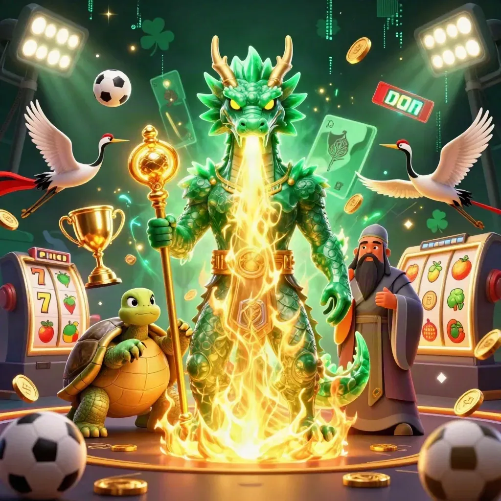 Naga zamrud, kura bijak, dan dua bangau dikelilingi simbol kasino emas dan efek neon.