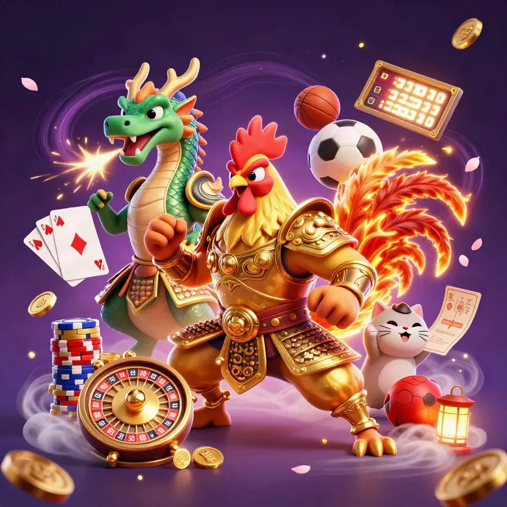 Ayam samurai emas, naga kecil, dan kucing hoki di antara koin, kartu, dan neon.