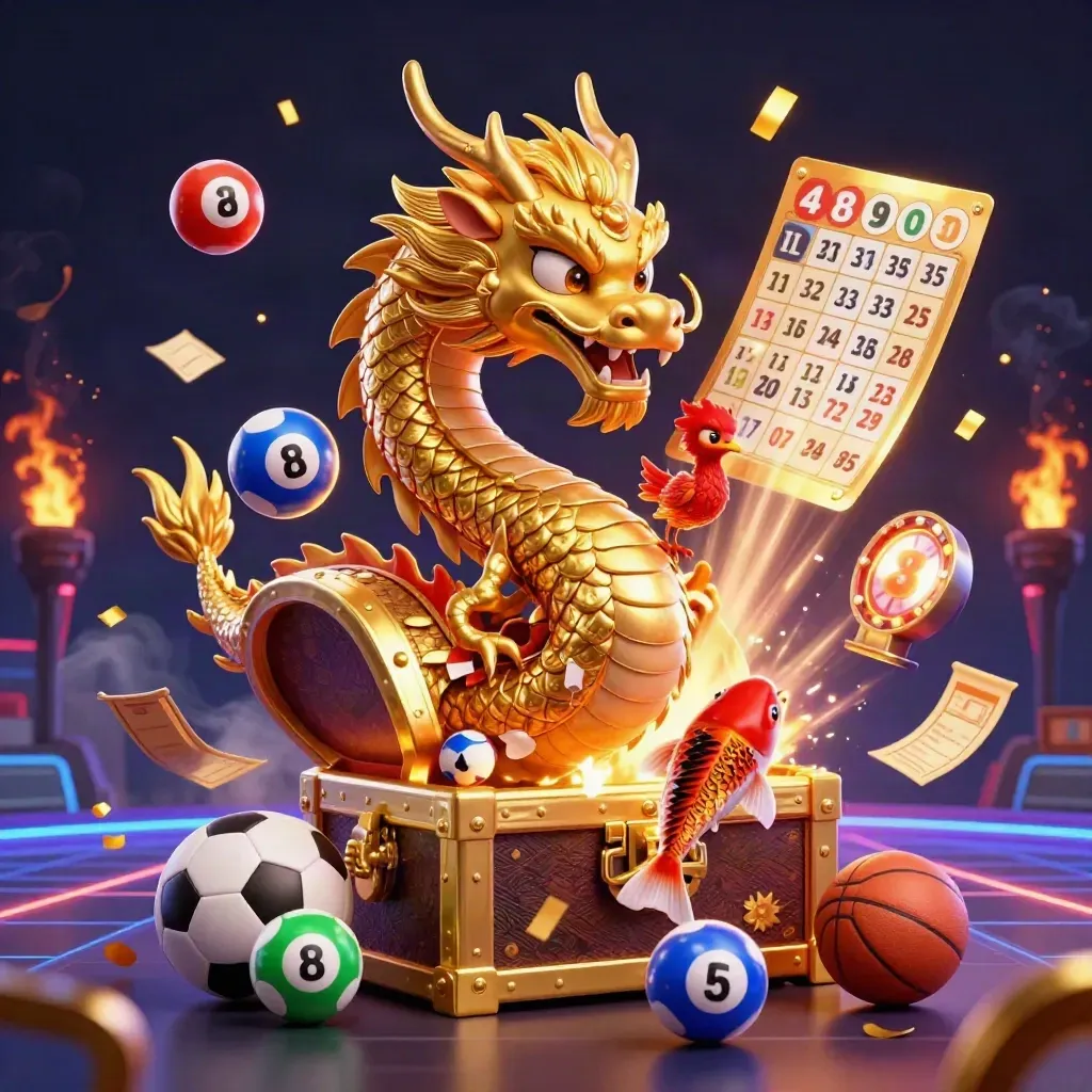 Naga emas 3D dengan phoenix, koi, bola lotre, dan efek neon di latar gelap.