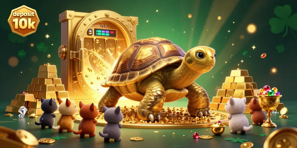 Slot permainan deposit 10k dengan karakter kura-kura dan harta karun emas yang bersinar.
