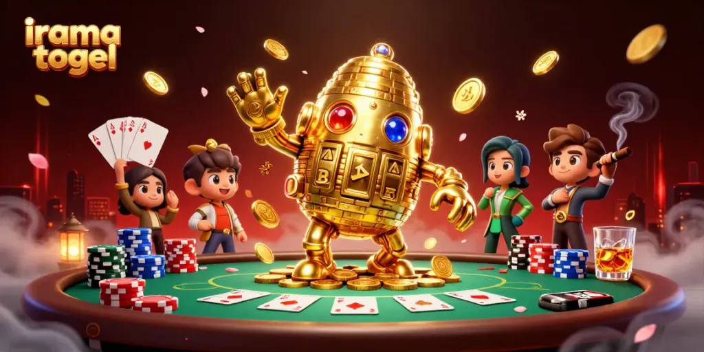 Engage with vibrant irama togel action, featuring a golden golem surrounded by dynamic casino elements.